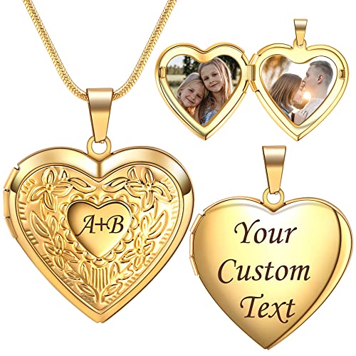 Farfume Personalisierte Foto-Medaillon-Halskette – Herz Medaillon mit Gravur Text und 2 Zwei Fotos – Kette mit Bild （Floral-Golden） von Farfume