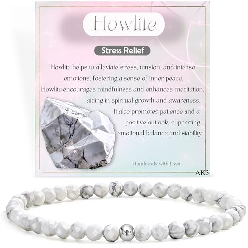 Howlite - Relief - Edelstein Perlen Armband für Frauen, 4mm Kristall Silber 925 Naturstein Schmuck Elastisch Armbänder Damen, Chakra Spirituelle Charms Armbänder Geschenke von Farfume
