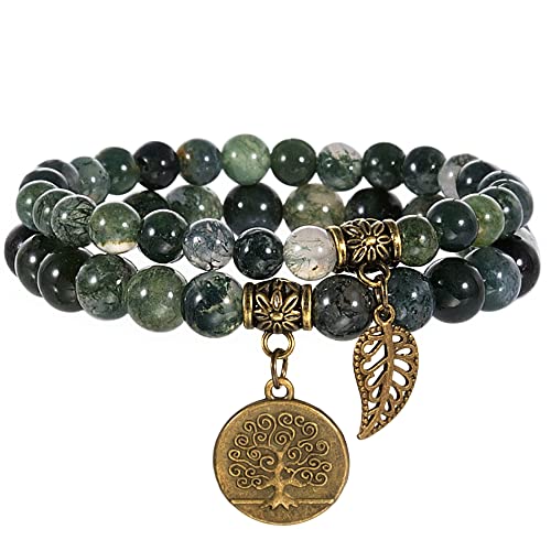 Farfume Chakra Armband Echte Steine, Echte Steine-Edelsteine Armband fur Damen (Moosachat und Baum des Lebens) von Farfume