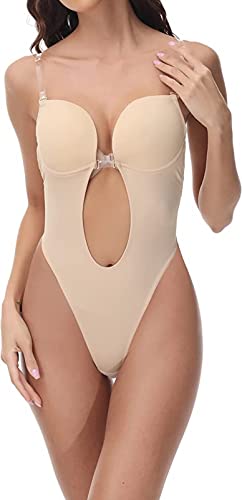 Faringoto Bodysuit Bodysuit Tiefer V-Ausschnitt Rückenfrei U-förmig Damen Transparent Rückengurt Gepolsterter Push Up Body, khaki, 50 von Faringoto