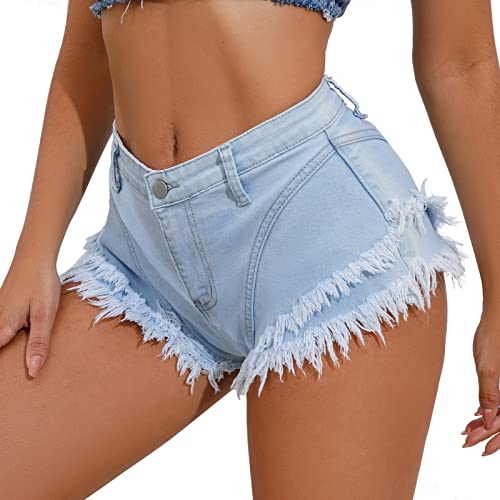 Faringoto Casual High Waist Denim Shorts Damen Sommer Quaste Broken Jeans Kurze Damen Shorts, Light Blue, Medium von Faringoto