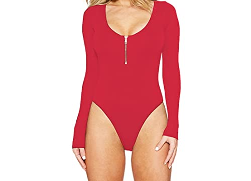 Faringoto Damen-strand-bodysuit, Overall, Einfarbig, Ärmel, Reißverschluss, U-ausschnitt, Body, Basic-trikotanzug von Faringoto