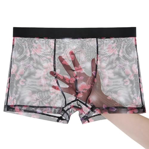 Faringoto Herren Bequeme Unterwäsche Sexy Ultradünne Transparente Unterhose Männliche Mesh Boxershorts, Schwarz (mit Aufdruck), Small von Faringoto