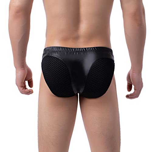 Faringoto Herren Bikini Slip Metallic Glänzend Kunstleder und Seitennetz Slip, Schwarz , S von Faringoto