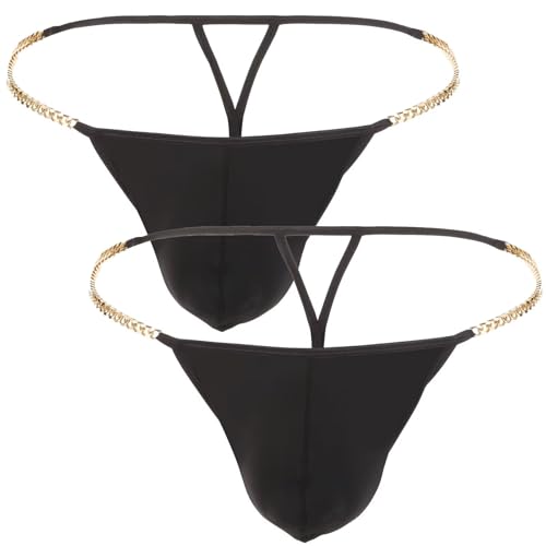 Faringoto Herren Metallkette G-String Unterwäsche Ice Silk Thong mit Hollow Out Design Low Rise für alle Jahreszeiten, 2 Schwarz, Large von Faringoto