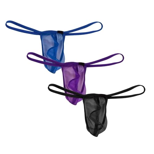 Faringoto Herren Panties Mesh Unterwäsche Slip Low Waist Thong Pack G-String für Gay & Sissy, Schwarz/Violett/Blau, X-Large von Faringoto