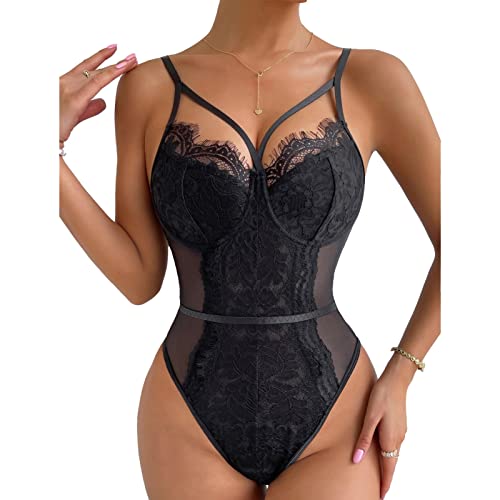 Faringoto Sexy Damen Unterwäsche Body Rückenfrei Transparent Mesh Pyjama Transparent Spitze Korsett, 8042-Schwarz, 36 von Faringoto