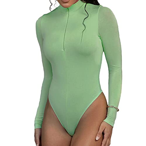 Faringoto Solider Bodycon mit Reißverschluss für Damen, sexy Stehkragen, lange Ärmel, grün, 36 von Faringoto