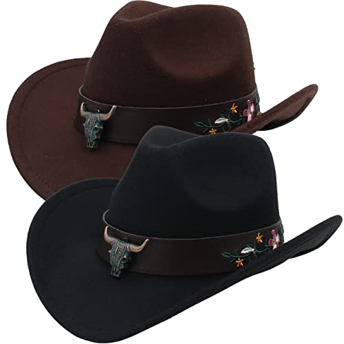 Faringoto Westernhut Cowboyhut Ethno-Stil Zylinder Kuh Kopf Blumengürtel, Braun+Schwarz, One size von Faringoto