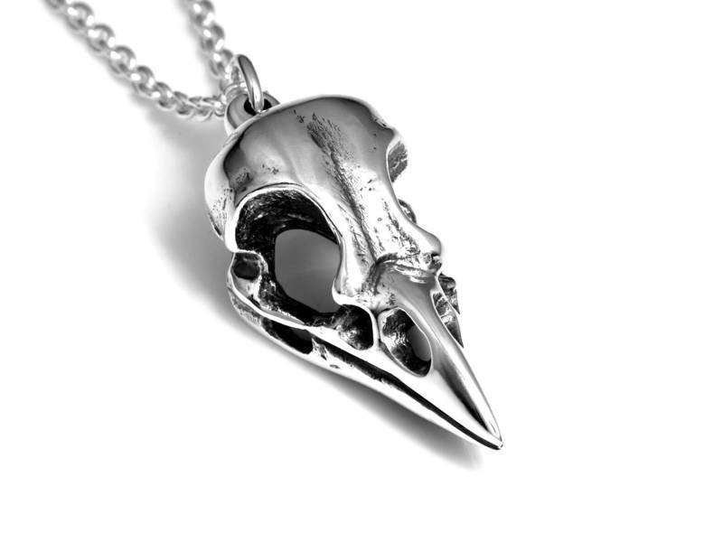 Dohle Vogel Schädel Halskette in Sterling Silber, Handgefertigte Anhänger, Gothic Schmuck von Farjil