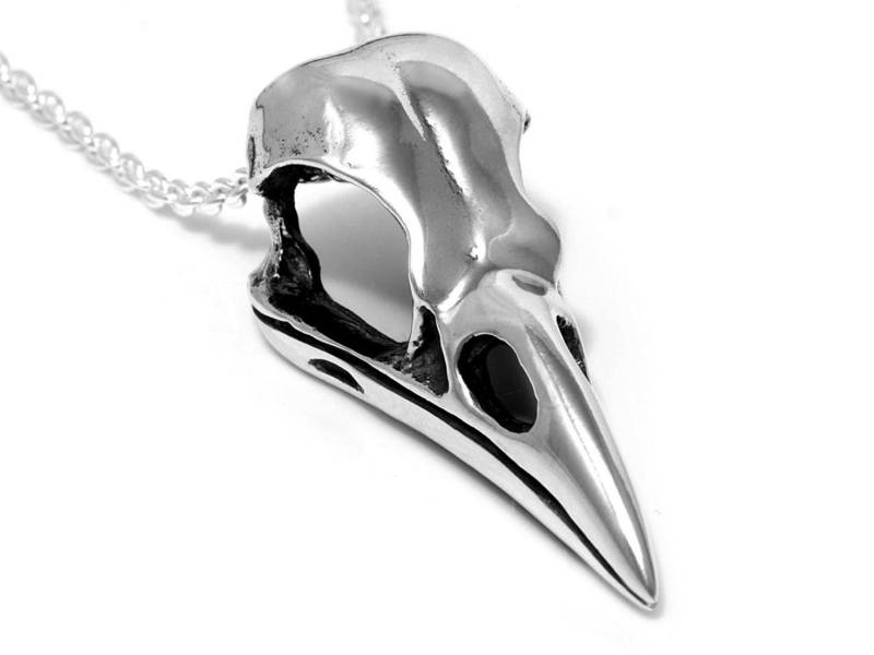 Große Krähe Schädel Halskette in Sterling Silber, Vogelkopf Anhänger, Gothic Schmuck von Farjil