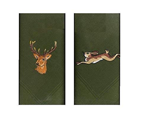 Zwei 40cm Quadrat Baumwolle Bestickt Grün Taschentücher mit Hirschkopf auf One And A Laufen Hase auf die Andere Zwei 40cm Quadrat Baumwolle Bestickt Grün Taschentücher mit Hirschkopf auf One And A Laufen Hase auf die Andere von Farm Cottage Brands