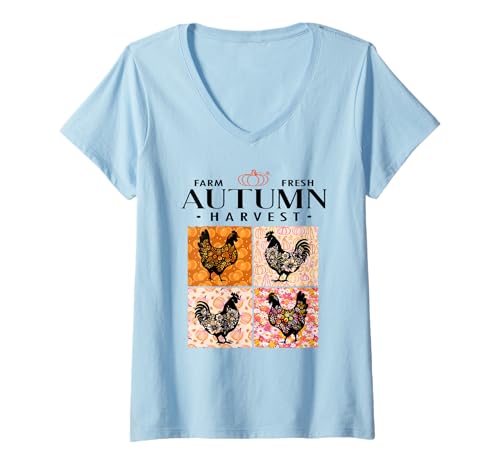 Damen Bauernhoffrische Herbsternte Preppy Retro Herbst Hühner T-Shirt mit V-Ausschnitt Damen Bauernhoffrische Herbsternte Preppy Retro Herbst Hühner T-Shirt mit V-Ausschnitt von Farm Fresh Autumn Harvest Chickens Sapphire Star