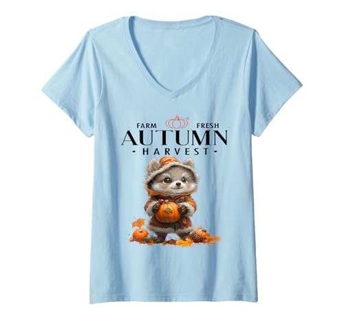 Damen Farm Fresh Herbst Ernte Trendy Woodland Grey Fox Season T-Shirt mit V-Ausschnitt von Farm Fresh Autumn Harvest Grey Fox Sapphire Star