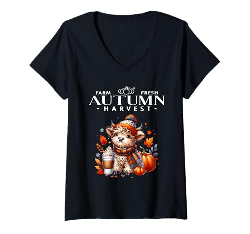 Damen Farm Fresh Autumn Harvest Trendy Highland Cow Herbstsaison T-Shirt mit V-Ausschnitt von Farm Fresh Autumn Harvest HL Cow Sapphire Star
