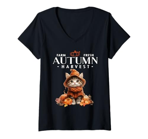 Damen Farm Fresh Herbsternte Herbst Woodland Creature Kitty Cat T-Shirt mit V-Ausschnitt von Farm Fresh Autumn Harvest Kitty Cat Sapphire Star