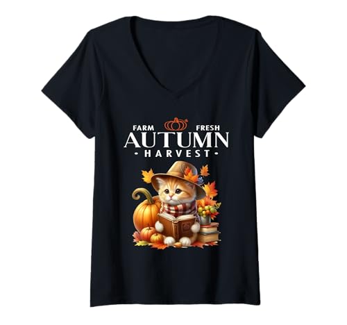 Damen Farm Fresh Herbsternte Herbst Woodland Creature Kitty Cat T-Shirt mit V-Ausschnitt von Farm Fresh Autumn Harvest Kitty Cat Sapphire Star
