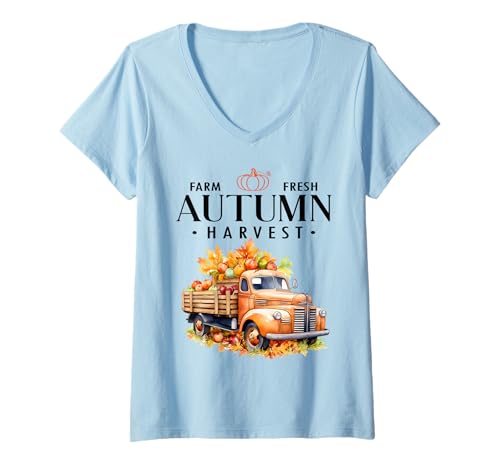 Damen Farm Fresh Autumn Harvest Trendy Vintage Truck Herbstsaison T-Shirt mit V-Ausschnitt Damen Farm Fresh Autumn Harvest Trendy Vintage Truck Herbstsaison T-Shirt mit V-Ausschnitt von Farm Fresh Autumn Harvest Truck Sapphire Star