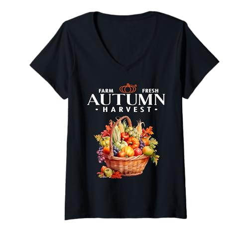 Damen Farm Fresh Autumn Harvest Trendy Bounty Veggies Herbstsaison T-Shirt mit V-Ausschnitt Damen Farm Fresh Autumn Harvest Trendy Bounty Veggies Herbstsaison T-Shirt mit V-Ausschnitt von Farm Fresh Autumn Harvest Veggies Sapphire Star