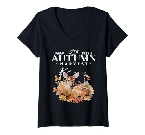 Damen Farm Fresh Autumn Harvest Trendy Woodland Deer Herbst Saison T-Shirt mit V-Ausschnitt von Farm Fresh Autumn Harvest WL Deer Sapphire Star