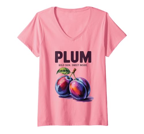Damen Pflaume Bold Skin Sweet Inside Obst Vintage Landwirt Retro T-Shirt mit V-Ausschnitt Damen Pflaume Bold Skin Sweet Inside Obst Vintage Landwirt Retro T-Shirt mit V-Ausschnitt von Farm Fresh Fruits Local Vintage Cottagecore Motive