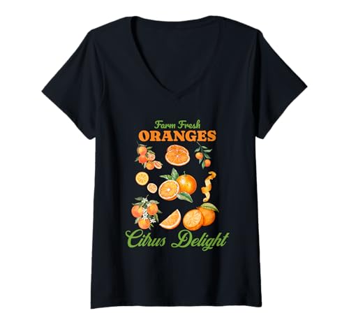Damen Farm Fresh Oranges Citrus Deligh Vintage Fruit Retro Orangen T-Shirt mit V-Ausschnitt Damen Farm Fresh Oranges Citrus Deligh Vintage Fruit Retro Orangen T-Shirt mit V-Ausschnitt von Farm Fresh oranges Vintage Cottagecore Retro Tees