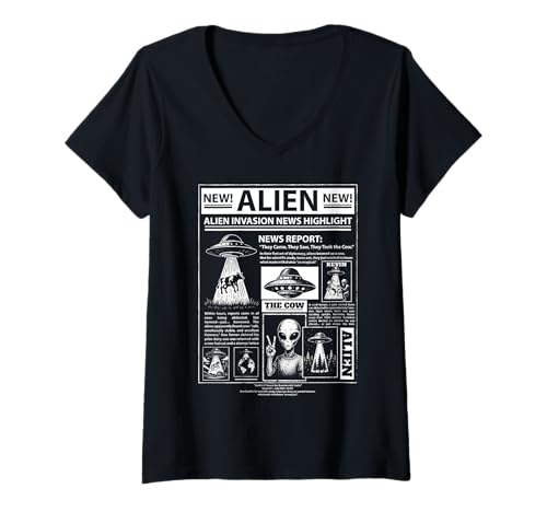 Damen Lustige Kuh UFO Invasion Alien News Farmer Zeitung T-Shirt mit V-Ausschnitt Damen Lustige Kuh UFO Invasion Alien News Farmer Zeitung T-Shirt mit V-Ausschnitt von Farm Invasion Alien Meme Cow UFO Vintage Design