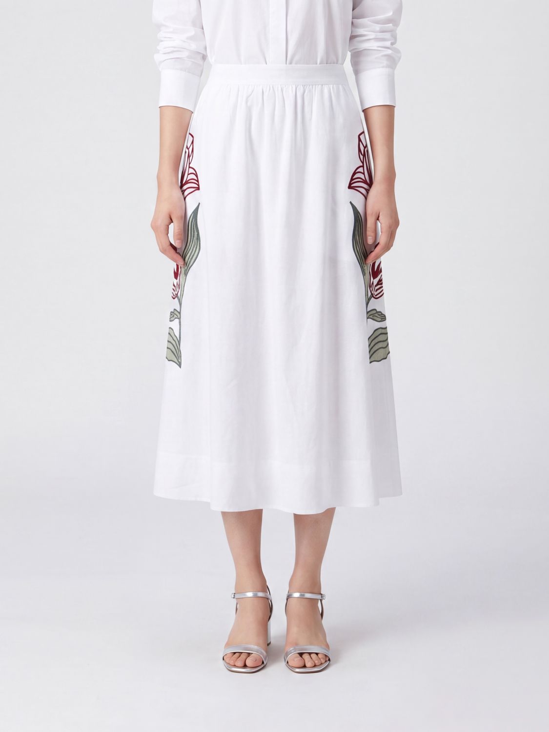 FARM RIO Geblümter Leinen-A-Linien-Midi-Rock Off-White Flower mit hoher Taille von Farm Rio