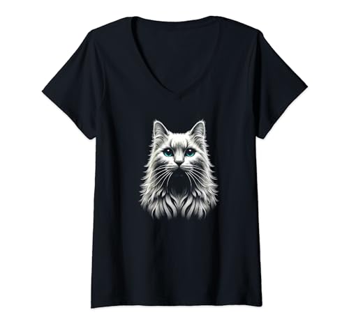 Damen Katze Kopf Blau Augen Frauen Mädchen Kätzchen Katze Liebe T-Shirt mit V-Ausschnitt von Farm n' Fancy