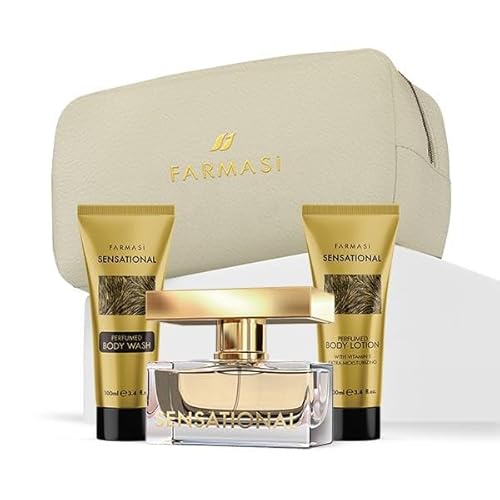 Farmasi SENSATIONAL Set, Geschenkpackung für Damen, 4 Produkte mit Parfüm 50 ml, Duschgel 100 ml, Körperlotion 100 ml, Beauty Damen Wasserdicht 575 g von Farmasi