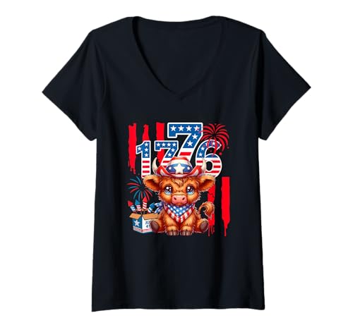Damen 1776 Proud 4th Of July US Flag Cow Patriotic Farmer Team T-Shirt mit V-Ausschnitt von Farmer 4th Of July Costume