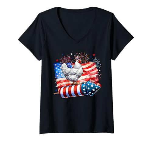 Damen Chicken Sunglasses On Firecracker 4th July US Flag Patriotic T-Shirt mit V-Ausschnitt von Farmer 4th Of July Costume
