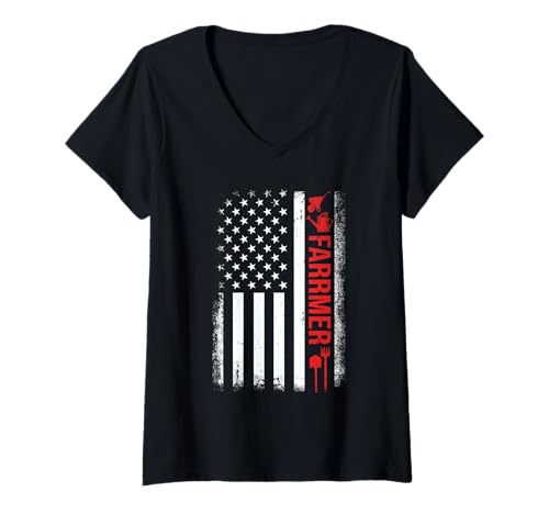 Damen Farmer 4. Juli US-Flagge Matching Job Team Patriotisch T-Shirt mit V-Ausschnitt Damen Farmer 4. Juli US-Flagge Matching Job Team Patriotisch T-Shirt mit V-Ausschnitt von Farmer 4th Of July Costume