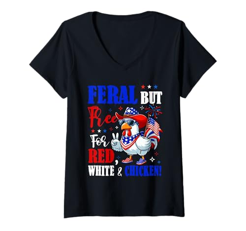Damen Feral But Free For Red White And Chicken 4th Of July US Flag T-Shirt mit V-Ausschnitt von Farmer 4th Of July Costume