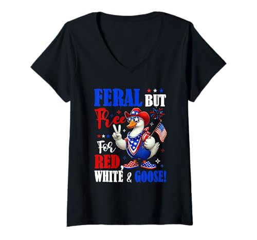 Damen Feral But Free For Red White And Goose 4th Of July US Flag T-Shirt mit V-Ausschnitt von Farmer 4th Of July Costume