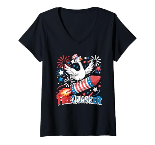 Damen Firequacker Goose Riding Firecracker 4th Of July Patriotic T-Shirt mit V-Ausschnitt von Farmer 4th Of July Costume