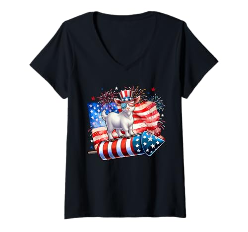 Damen Goat Sunglasses On Firecracker 4th July US Flag Patriotic T-Shirt mit V-Ausschnitt von Farmer 4th Of July Costume