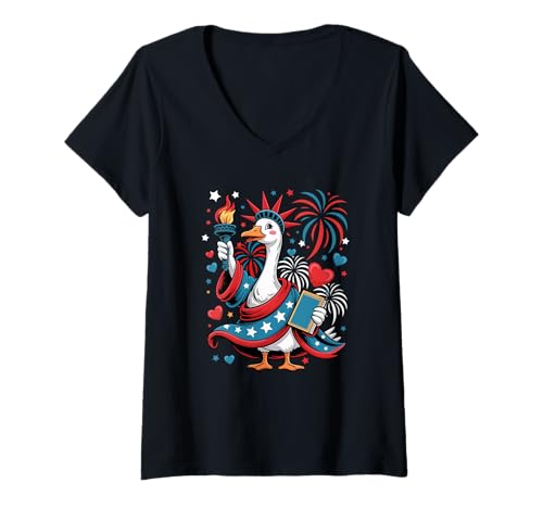 Damen Goose Cosplay Statue Proud Liberty 4th July US Flag Firework T-Shirt mit V-Ausschnitt von Farmer 4th Of July Costume