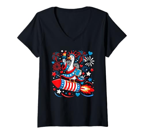 Damen Goose Cosplay Statue Proud Liberty On Firecracker 4th July T-Shirt mit V-Ausschnitt von Farmer 4th Of July Costume