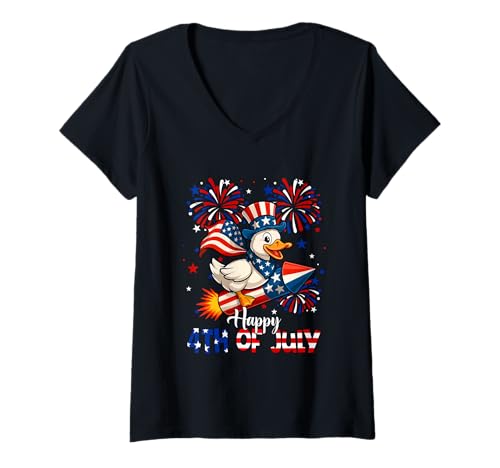Damen Happy 4th Of Juli US Flag Duck Riding Firecracker Farmer T-Shirt mit V-Ausschnitt von Farmer 4th Of July Costume