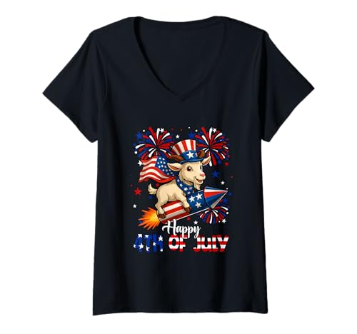Damen Happy 4th Of Juli US Flag Goat Riding Firecracker Farmer T-Shirt mit V-Ausschnitt von Farmer 4th Of July Costume