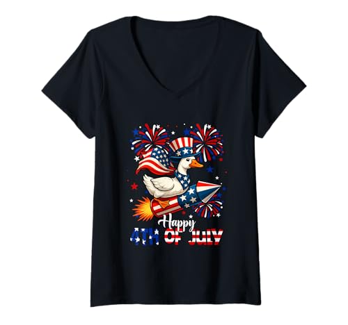Damen Happy 4th Of Juli US Flag Goose Riding Firecracker Farmer T-Shirt mit V-Ausschnitt von Farmer 4th Of July Costume