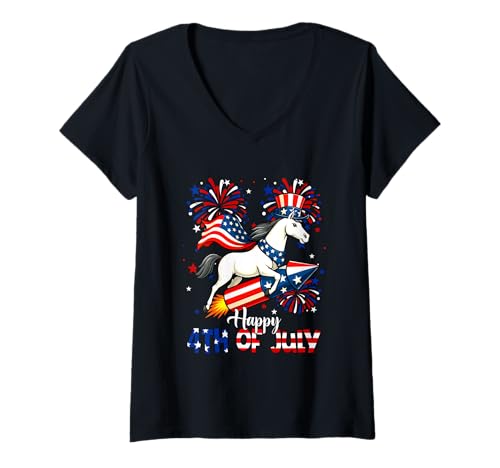Damen Happy 4th Of Juli US Flag Horse Riding Firecracker Farmer T-Shirt mit V-Ausschnitt von Farmer 4th Of July Costume