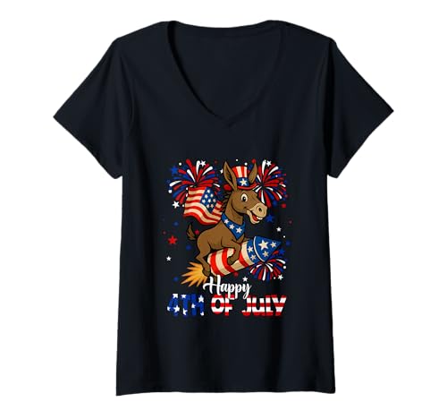 Damen Happy 4th Of Juli US Flag Mule Riding Firecracker Farmer T-Shirt mit V-Ausschnitt von Farmer 4th Of July Costume