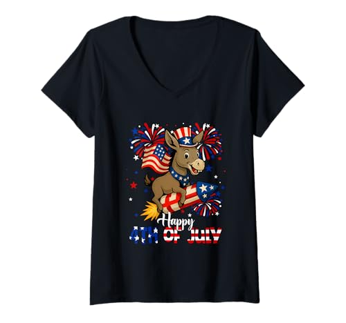 Damen Happy 4th Of Juli US-Flagge Esel Reiten Feuerwerkskörper Bauer T-Shirt mit V-Ausschnitt von Farmer 4th Of July Costume