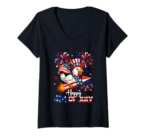 Damen Happy 4th Of Juli US-Flagge Huhn Reiten Feuerwerkskörper Farmer T-Shirt mit V-Ausschnitt Damen Happy 4th Of Juli US-Flagge Huhn Reiten Feuerwerkskörper Farmer T-Shirt mit V-Ausschnitt von Farmer 4th Of July Costume