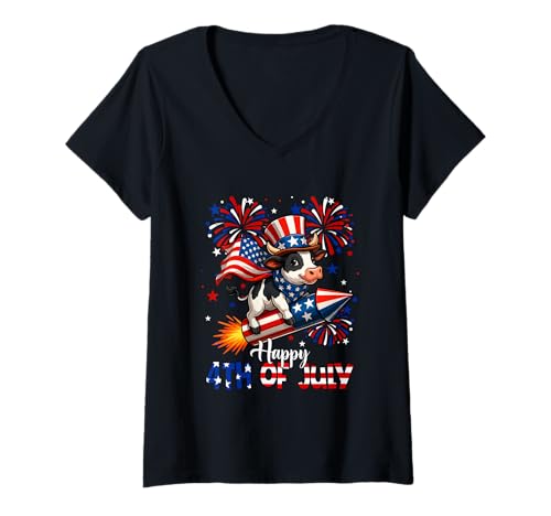 Damen Happy 4th Of Juli US-Flagge Kuh reitend Feuerwerkskörper Farmer T-Shirt mit V-Ausschnitt von Farmer 4th Of July Costume