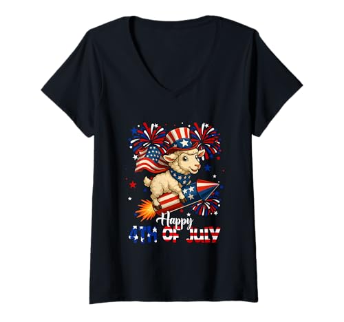 Damen Happy 4th Of Juli US-Flagge Schaf Reiten Feuerwerkskörper Farmer T-Shirt mit V-Ausschnitt von Farmer 4th Of July Costume