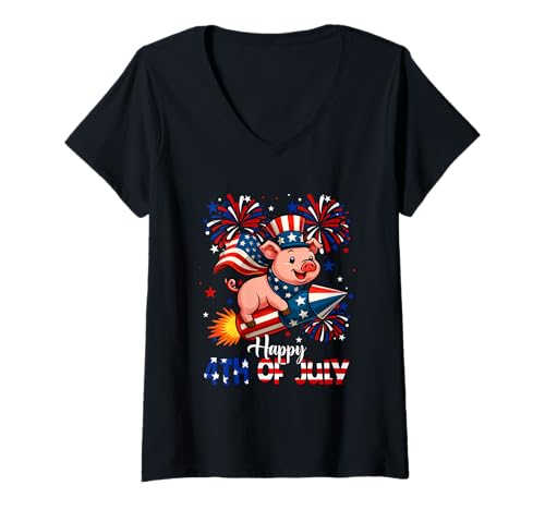 Damen Happy 4th Of Juli US-Flagge Schwein reiten Feuerwerkskörper Farmer T-Shirt mit V-Ausschnitt von Farmer 4th Of July Costume
