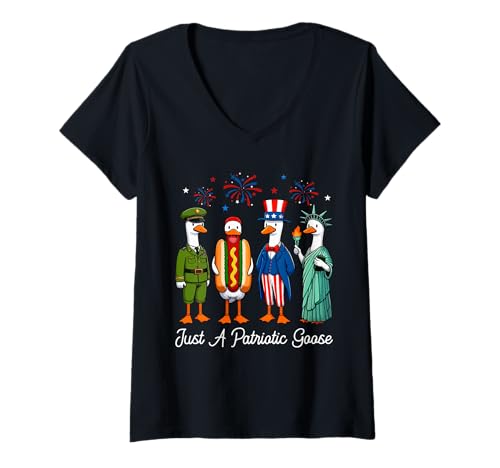 Damen Just A Patriotic Goose Cosplay Police Sausage 4th Of July T-Shirt mit V-Ausschnitt von Farmer 4th Of July Costume